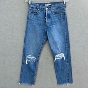 Levi's Wedgie Straight Jeans Women's 26 Button Fly Blue Denim Raw Frayed‎ Hem